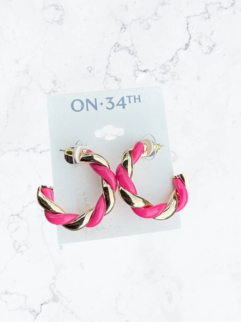 On 34th Pink & Gold Twisted Hoop Earrings